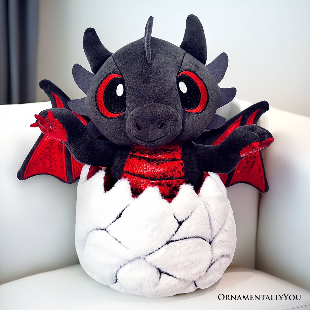 Drogo the Dino in an Egg Plushie, 12" Black and Red Dinosaur Stuffed Animal Gift for Boys and Teens - Dark Romance Crates