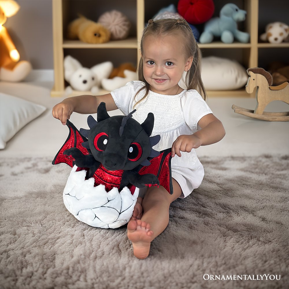 Drogo the Dino in an Egg Plushie, 12" Black and Red Dinosaur Stuffed Animal Gift for Boys and Teens - Dark Romance Crates