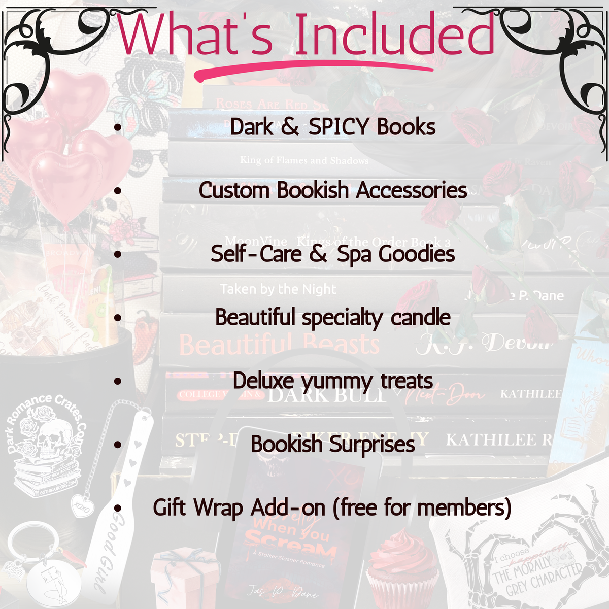 Luxury dark romance gift basket - spa, books, toy, gift wrap