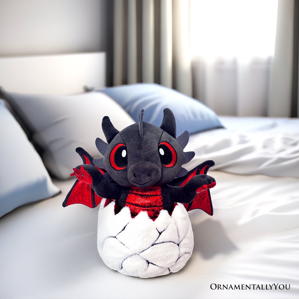 Drogo the Dino in an Egg Plushie, 12" Black and Red Dinosaur Stuffed Animal Gift for Boys and Teens - Dark Romance Crates